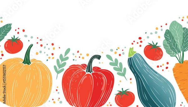 Obraz Set of abstract art poster in vegetables. Modern print with hand drawn red peppers or paprika, pumpkin, tomato, zucchini or vegetable marrow. Vector trendy illustration for card,harvest, menu, poster,