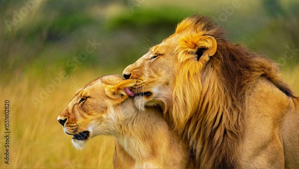 Obraz Male lion tenderly grooms a lioness, showing affection and social bonding in the wild. A beautiful portrait of a lion couple in their natural savanna habitat.