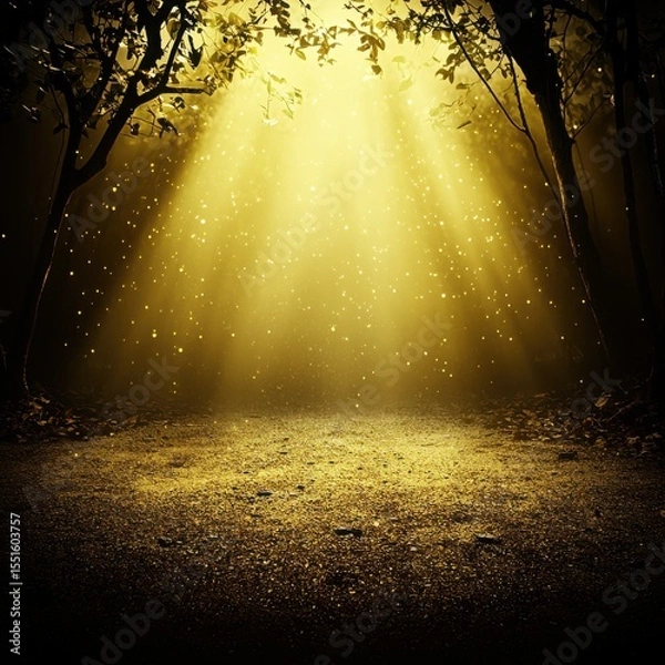 Obraz Luminous rays of sunlight filtering through trees in a dark forest creating a serene and tranquil atmosphere
