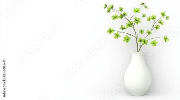 Obraz Vase with a green plant on a white surface against an empty white wall in a simple interior setting