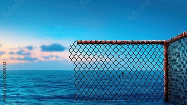 Obraz Empty mma fighting cage surrounded by water with a fence in the foreground and a serene environment in the background