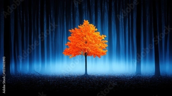 Obraz A solitary tree stands in a foggy forest with a clear blue sky in the background creating a serene natural landscape