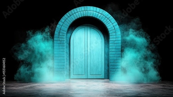 Obraz Blue door with green smoke and energetic data tunnel blast vivid smoke clouds in a surreal composition