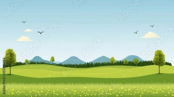Obraz Green field with trees and birds flying in the sky landscape illustration showing nature and tranquility