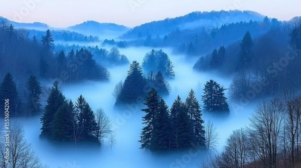 Obraz Foggy forest landscape with tall trees shrouded in ethereal fog effects creating a mystical atmosphere