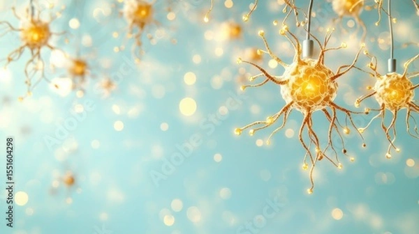 Obraz Yellow flowers hanging from ceiling with glowing ethereal neuron holograms in amber tones