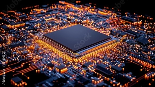 Obraz Computer processor with black chip and glowing amber neuron holograms on a dark background