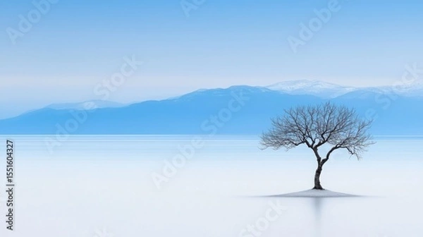 Obraz Lone tree standing on a frozen lake surrounded by ethereal winter scenery under a clear blue sky