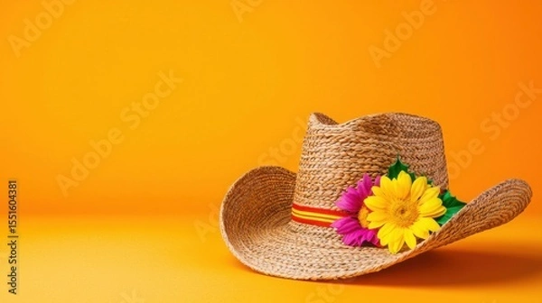 Obraz Straw hat adorned with flowers on a vibrant yellow background representing summer fashion and cultural expression