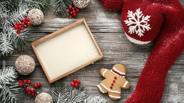 Obraz Christmas decorations and a wooden frame on a wooden table showcasing cultural celebration traditions around the world