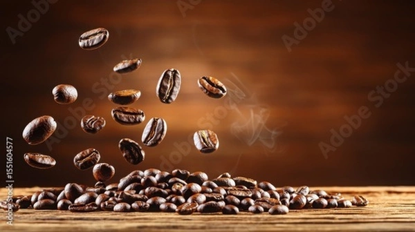 Obraz Coffee beans falling from a cup on a dark background in a dynamic and visually appealing composition