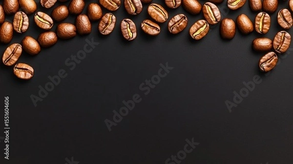Obraz Coffee beans scattered on a black background with additional falling coffee beans creating a dynamic visual effect