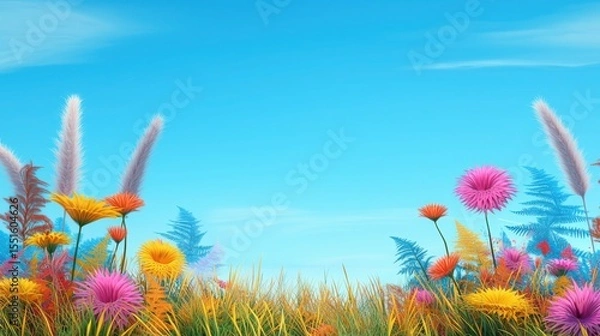 Obraz Colorful flowers and grass field under blue sky with abstract fractal pattern in the background