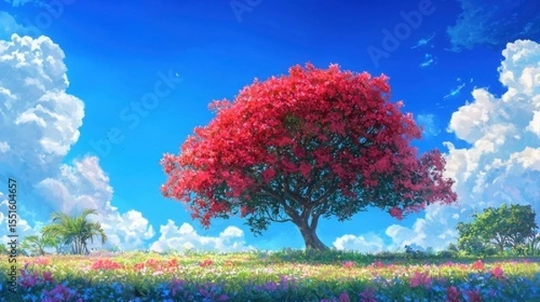 Obraz Tree in a field surrounded by fantasy landscape illustrations with vivid colors and imaginative elements