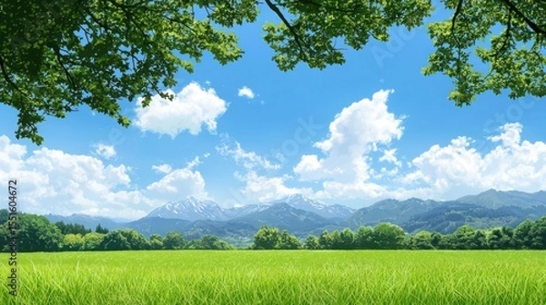Obraz Field with mountain range background and fantasy landscape illustrations in vibrant colors