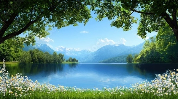 Obraz Lake with flowers in foreground and illustrated fantasy landscape in the background during a sunny day