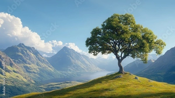 Obraz Tree on grassy hill with mountains in the background and fantasy landscape illustrations in a vibrant natural setting