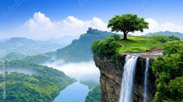 Obraz Waterfall flowing through a lush green valley surrounded by fantasy landscape and illustrations