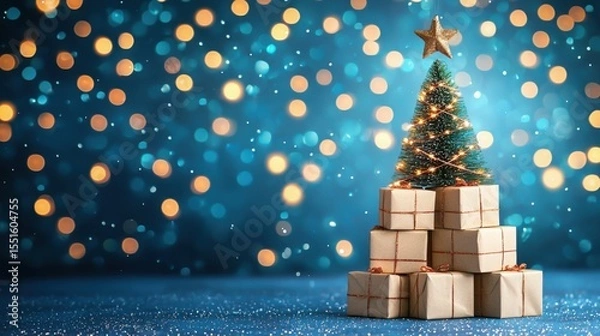 Obraz Small christmas tree with presents on top and festive bokeh background showcasing holiday decorations and lights