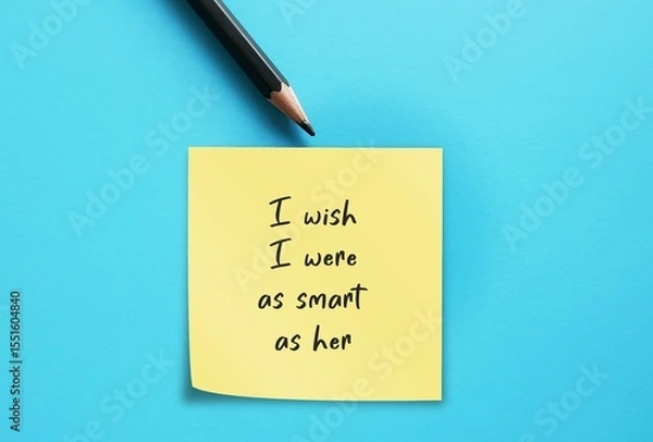 Fototapeta Pencil and note written - I wish I were as smart as her - feel inadequacy when compared to another intelligence. Self-comparison of cleverness or expertise with low self-worth and undervalue oneself.