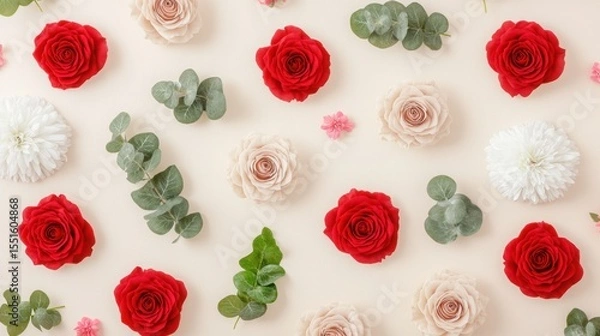 Obraz Bunch of red and white roses on white background with floral pattern of beige and red roses