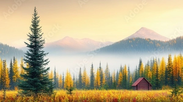 Obraz Cabin in the forest surrounded by fog with trees and space for text in a nature landscape