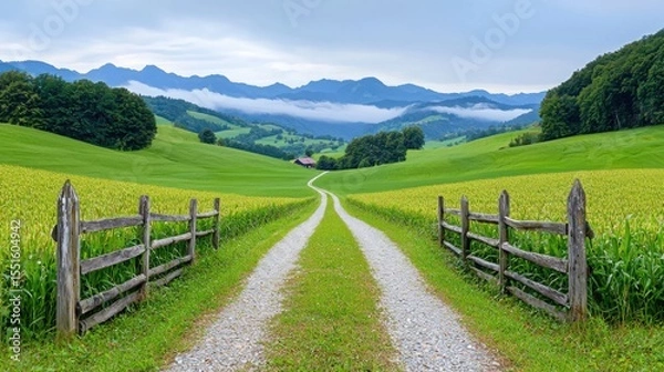 Obraz Dirt road leading through foggy field with wooden fence on either side and overcast sky above