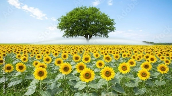 Obraz Sunflower field with a tree in the background and fog rolling over the landscape during a whimsical morning