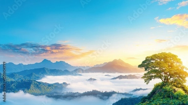Obraz Fog-covered mountains at dusk with a tree in the foreground and dramatic hues of light in the sky