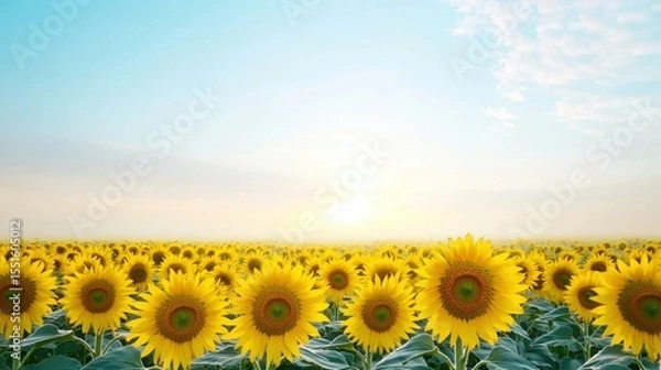 Obraz Sunflowers in a field with fog rolling over creating a whimsical atmosphere in nature landscape