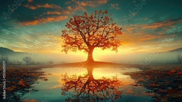 Obraz Tree with red leaves in foggy morning reflecting on still water surface