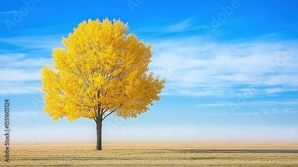Obraz Lone tree in a foggy field with reflections in the morning light