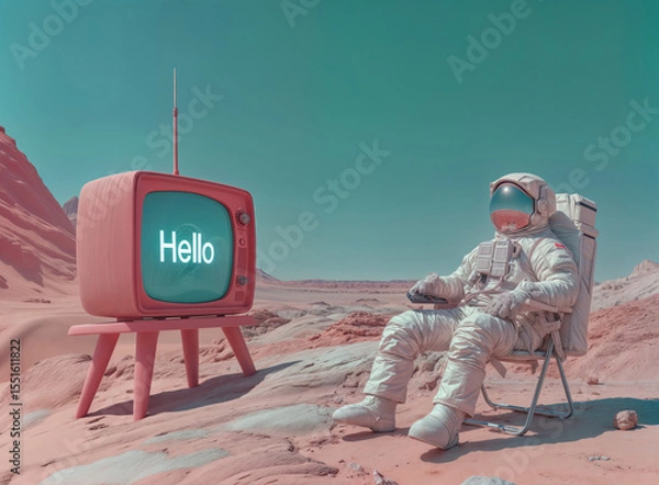 Obraz Astronaut in a spacesuit sits on a chair on a alien desert watching a retro pink TV that displays the word "Hello" against a turquoise sky. Media, propaganda, news conceptual