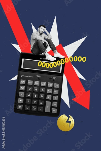 Fototapeta Sketch design trend poster photo collage of young sad man sit calculator arrow down crack coins crisis budget investor business reduction