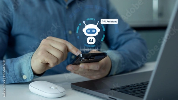 Fototapeta Person using phone with Ai Assistant. Interaction with the Ai assistant to solve some tasks more easily. Image generator, documents, marketing and advertising, bot writing and coding.	
