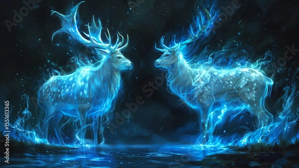 Fototapeta Two glowing ethereal deer made of blue flames stand facing each other in a dark, mystical setting with reflections on water.