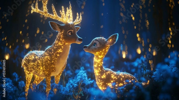 Fototapeta Fantasy scene with two glowing deer — one blue, one gold — surrounded by twinkling lights in a dreamy nighttime forest.