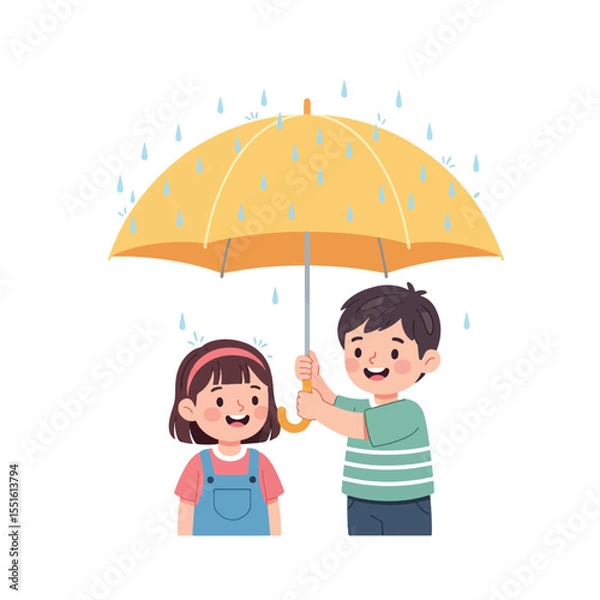 Fototapeta Sheltering Friendship in the Rain: Two young children, an illustration, find solace and shared joy under a vibrant umbrella, as gentle rain descends.