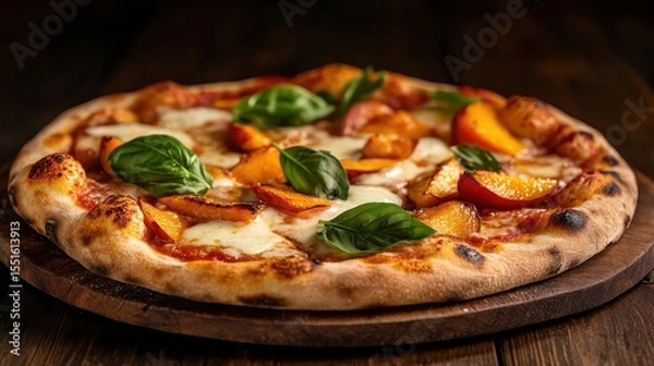 Fototapeta A mouthwatering pizza garnished with bright basil leaves and juicy peach slices showcases gourmet creativity, balancing delightful flavors that will entice any pizza lover.