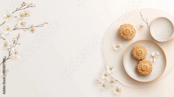 Fototapeta the image showcases a bright, overhead composition featuring a selection of floral pastries arranged with delicate blossoms