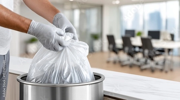 Fototapeta Person discarding trash in office waste bin during work hours