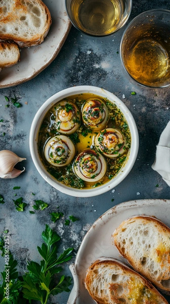 Fototapeta Classic French escargots baked in rich garlic butter with minced shallots, fresh parsley and a splash of white wine.