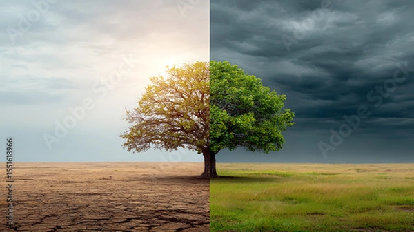 Obraz The clash of fire and green reflects global warming and climate change. Earth's ecology, global warming, dramatic environmental shifts, profound impact