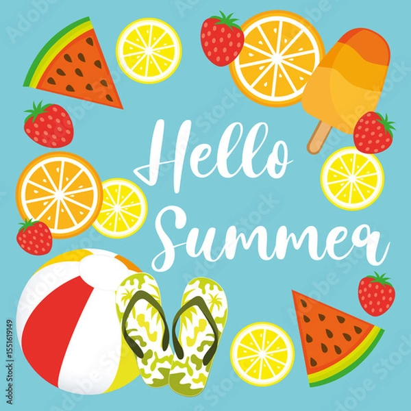 Fototapeta Hello Summer. Colorful hand drawn illustration with beach ball, ice cream, watermelon, strawberries, lemons and oranges.