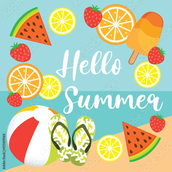 Fototapeta Hello Summer. Beach theme. Hand drawn vector illustration with beach ball, ice cream, watermelon, strawberries, lemons and oranges.