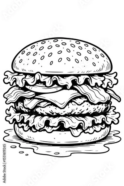 Fototapeta Hand-drawn vector illustration of a hamburger with cheese, beef, lettuce, tomato, and onion isolated on white