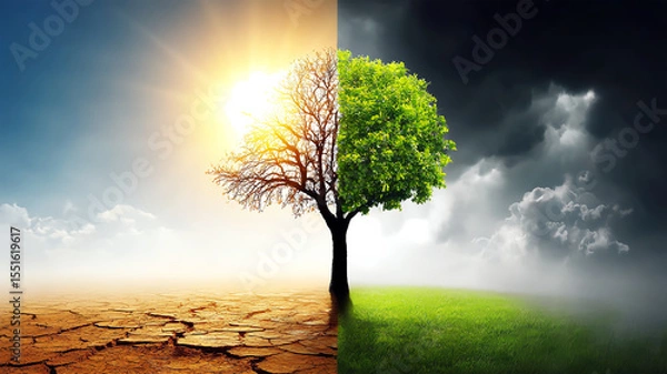 Obraz The clash of fire and green reflects global warming and climate change. Earth's ecology, global warming, dramatic environmental shifts, profound impact