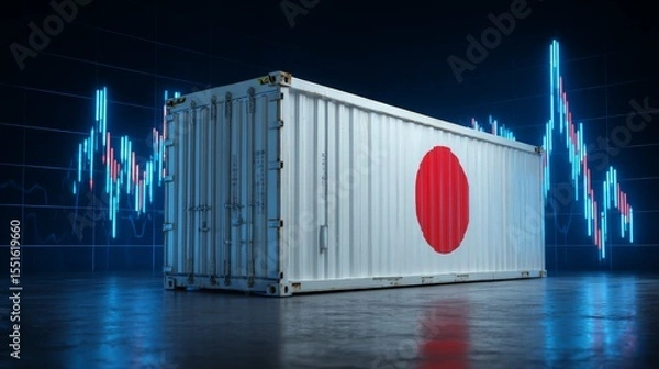 Fototapeta japanese cargo container with national flag against financial stock chart for international trade reports, economic analysis, import and export logistics 
