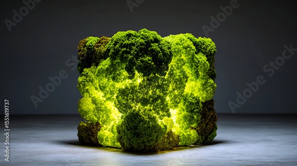 Obraz Glowing Moss Cube: A Surreal Fusion of Nature and Art in Light