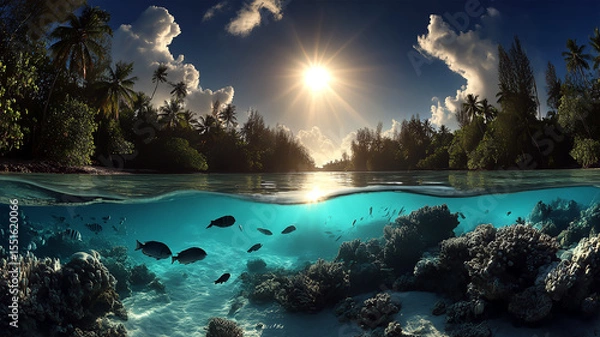 Obraz Sunlight pierces the ocean-forest edge, revealing a vivid coral sanctuary